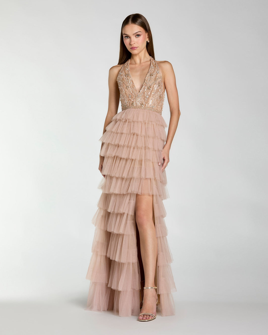 Beige Embellished Halter Neck Tiered Ruffle Gown - FOSTANI.com