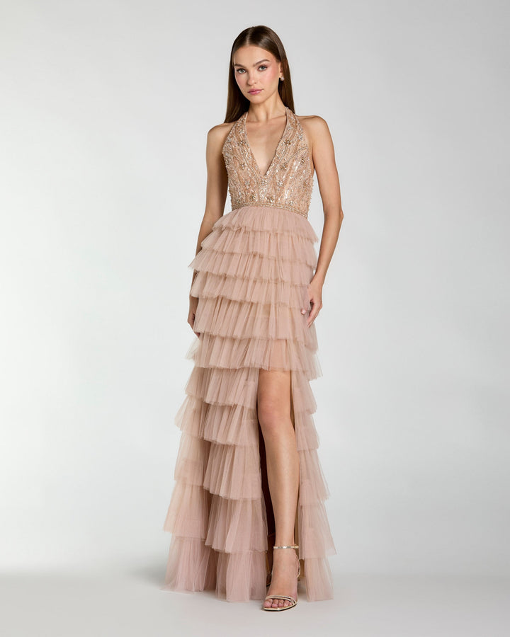 Beige Embellished Halter Neck Tiered Ruffle Gown - FOSTANI.com