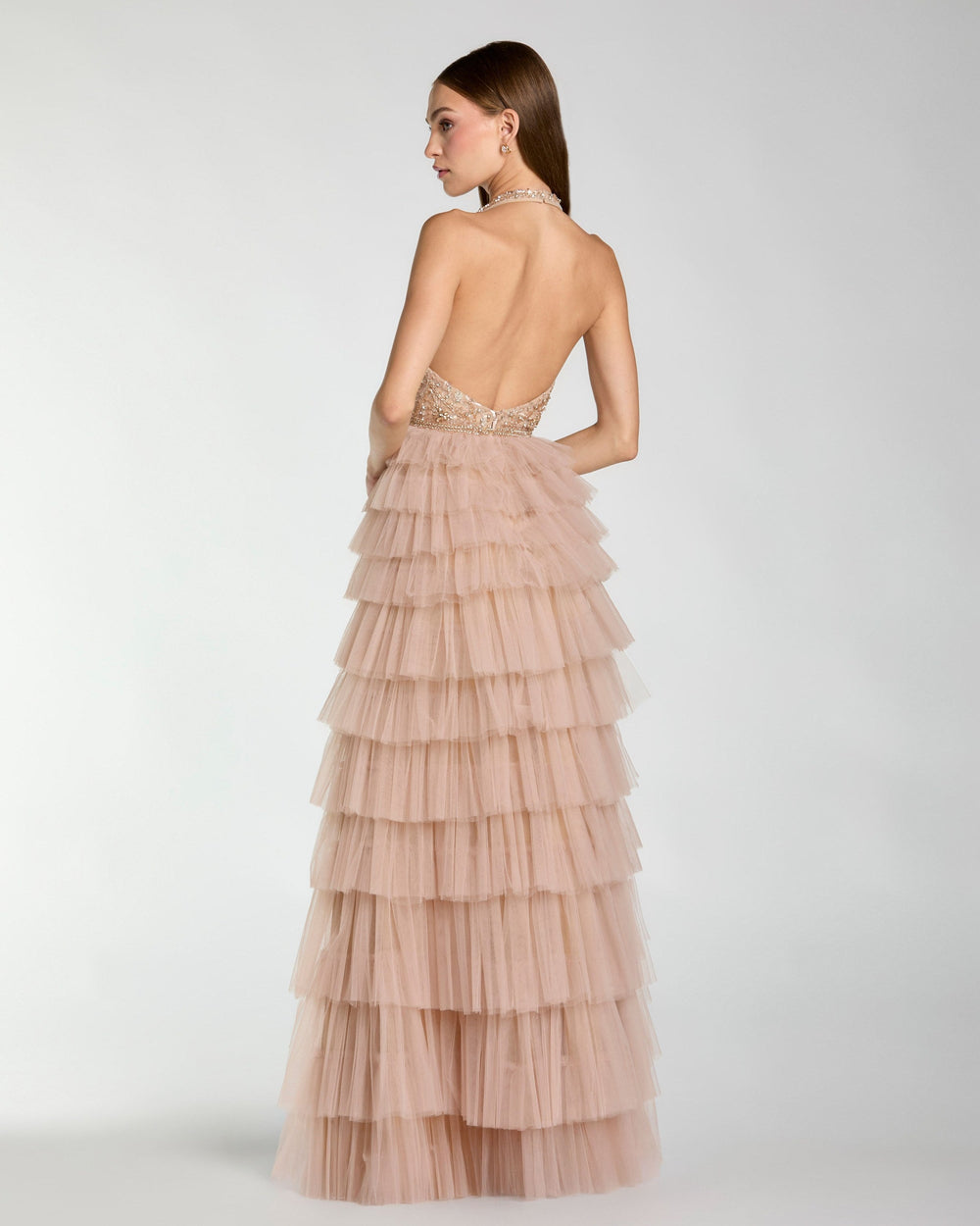 Beige Embellished Halter Neck Tiered Ruffle Gown - FOSTANI.com