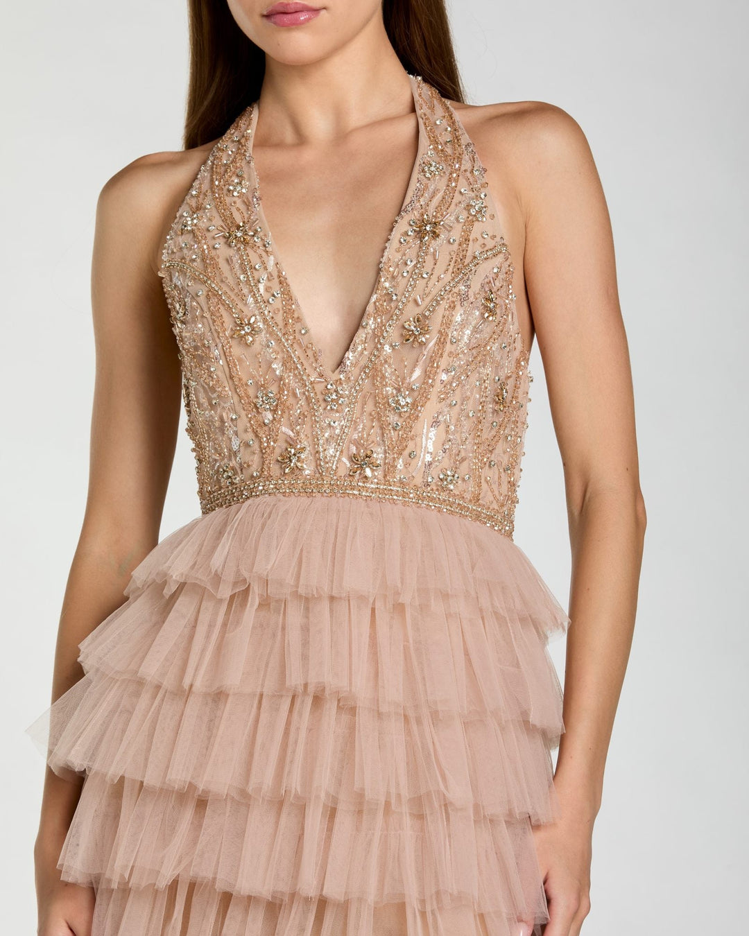 Beige Embellished Halter Neck Tiered Ruffle Gown - FOSTANI.com