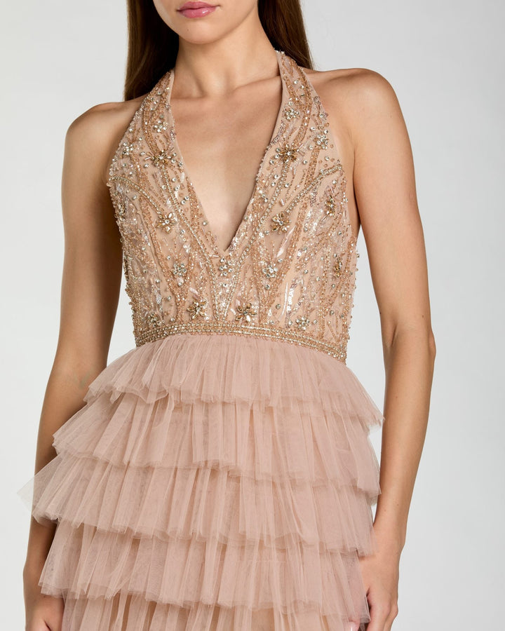 Beige Embellished Halter Neck Tiered Ruffle Gown - FOSTANI.com