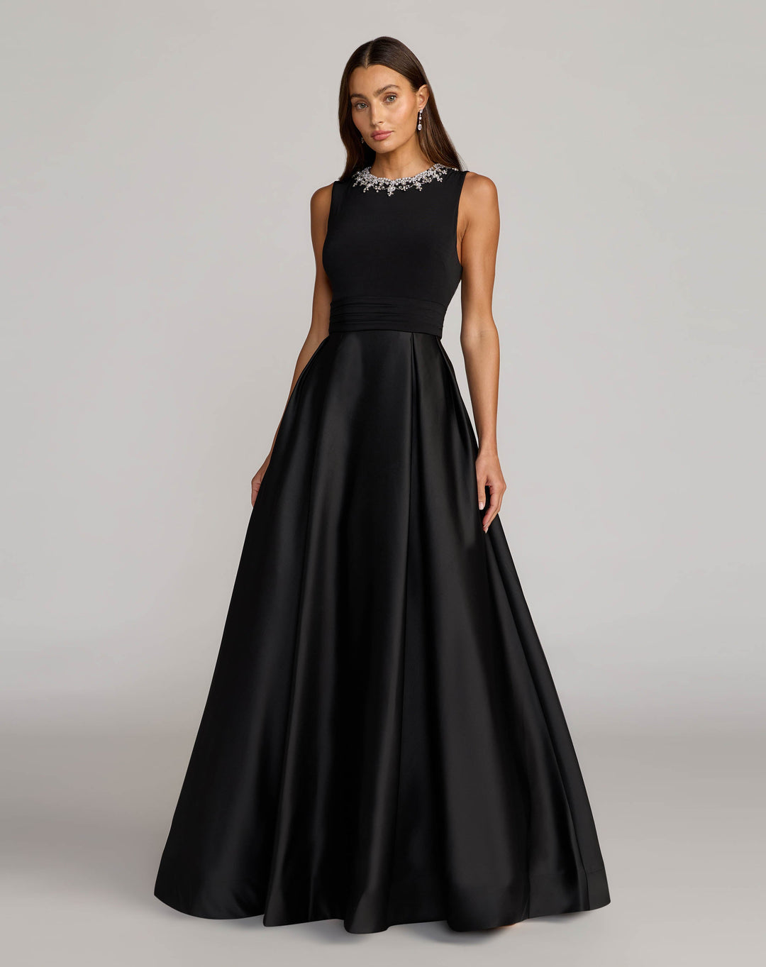 Black Embellished High Neck Sleeveless A Line Gown - FOSTANI.com