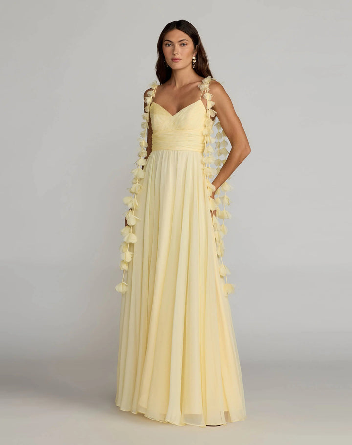 Yellow Chiffon A Line Gown With 3D Flower Straps - FOSTANI.com