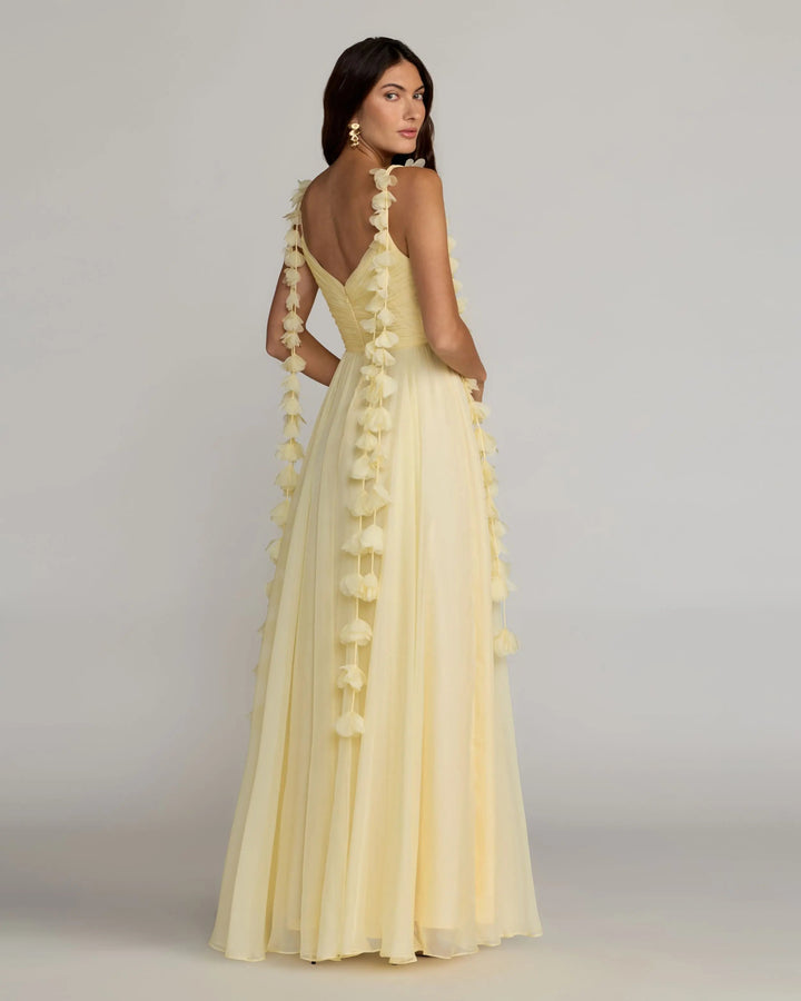 Yellow Chiffon A Line Gown With 3D Flower Straps - FOSTANI.com