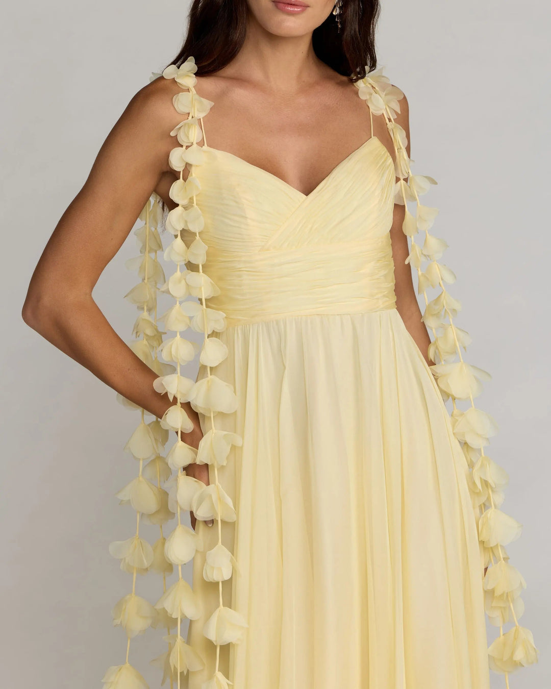 Yellow Chiffon A Line Gown With 3D Flower Straps - FOSTANI.com