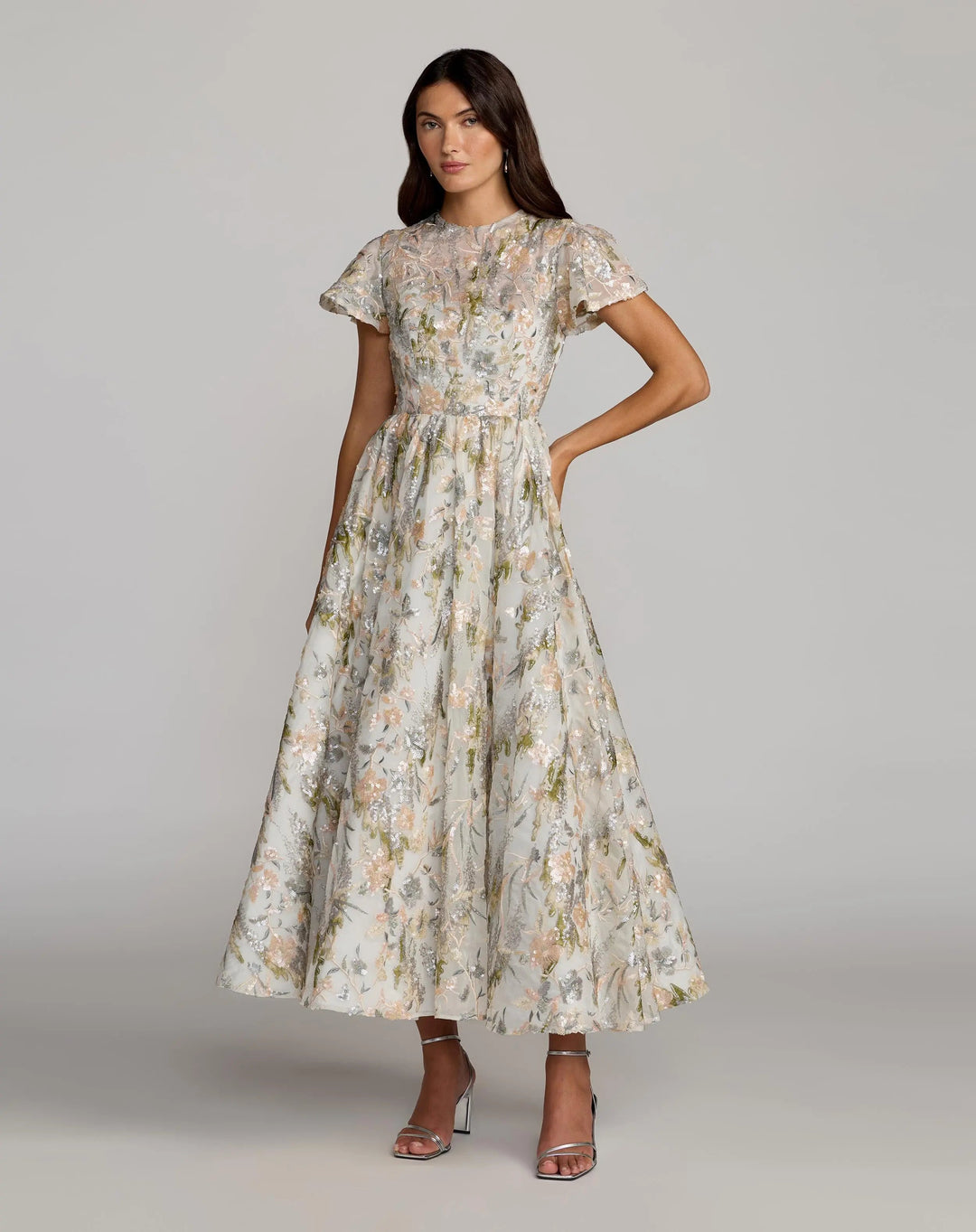 Mac Duggal 69107 Ivory Flutter Sleeve Sequin A-Line Midi Dress - FOSTANI.com