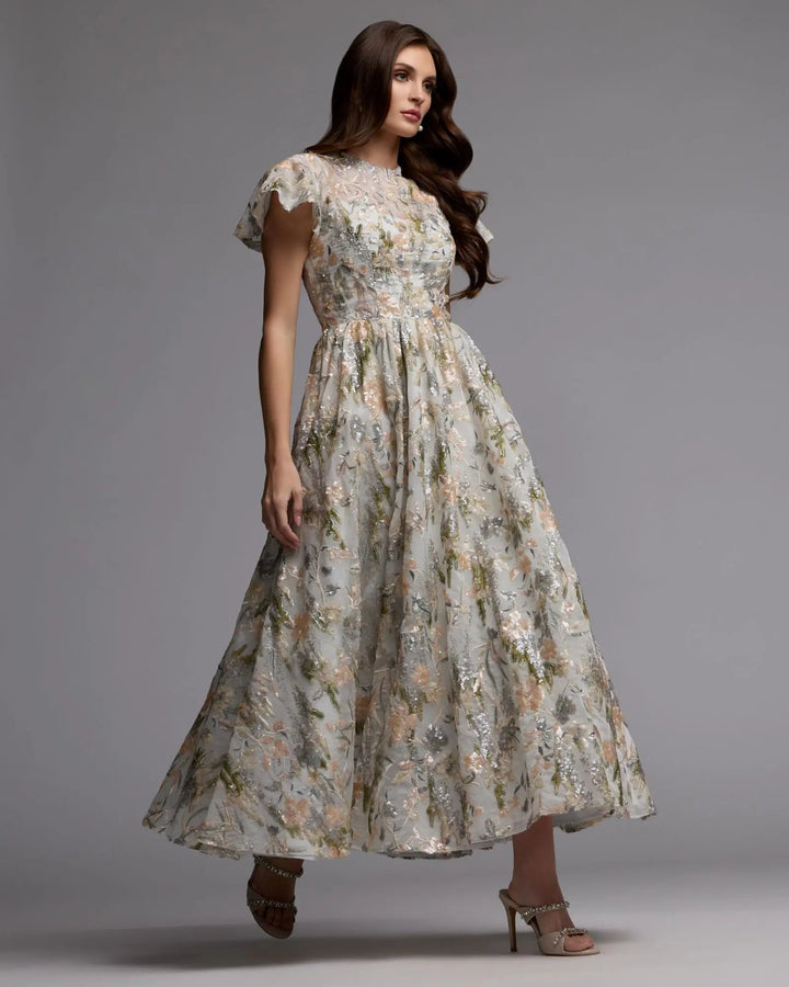 Mac Duggal 69107 Ivory Flutter Sleeve Sequin A-Line Midi Dress - FOSTANI.com
