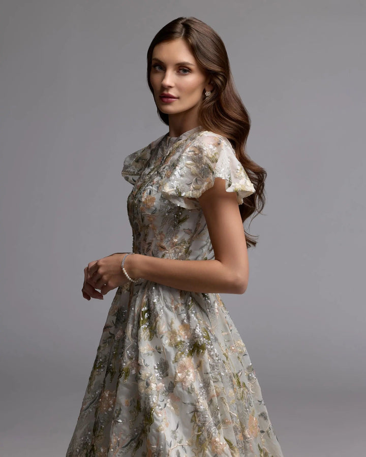Mac Duggal 69107 Ivory Flutter Sleeve Sequin A-Line Midi Dress - FOSTANI.com