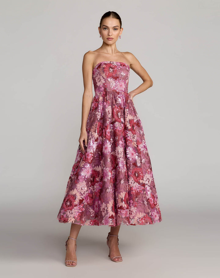 Mac Duggal 69109 Floral Sequin Strapless Midi Dress