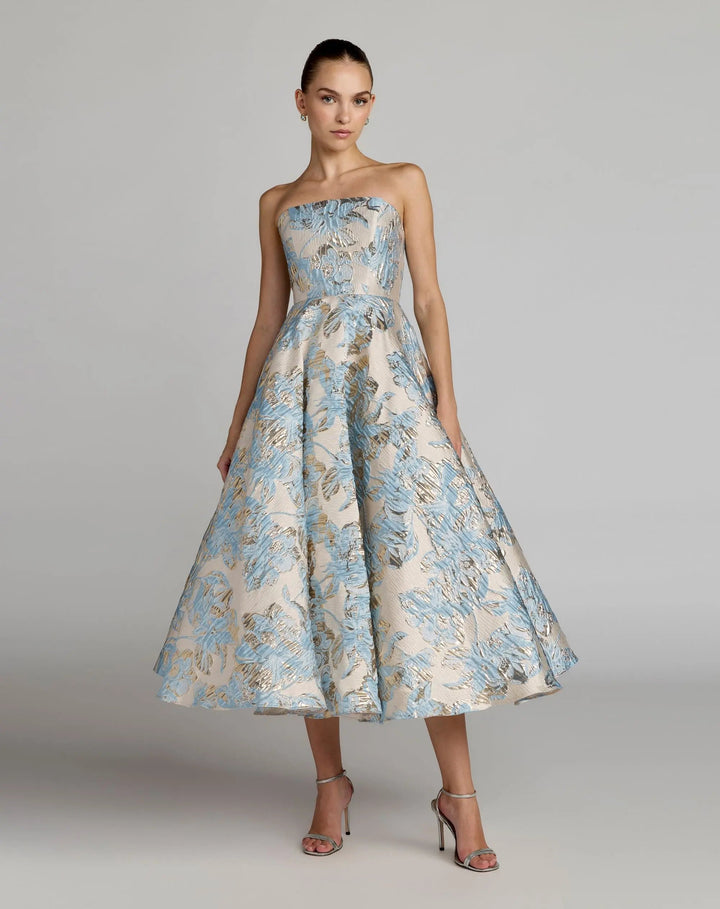Blue Strapless Brocade A-Line Midi Dress With Pockets - FOSTANI.com