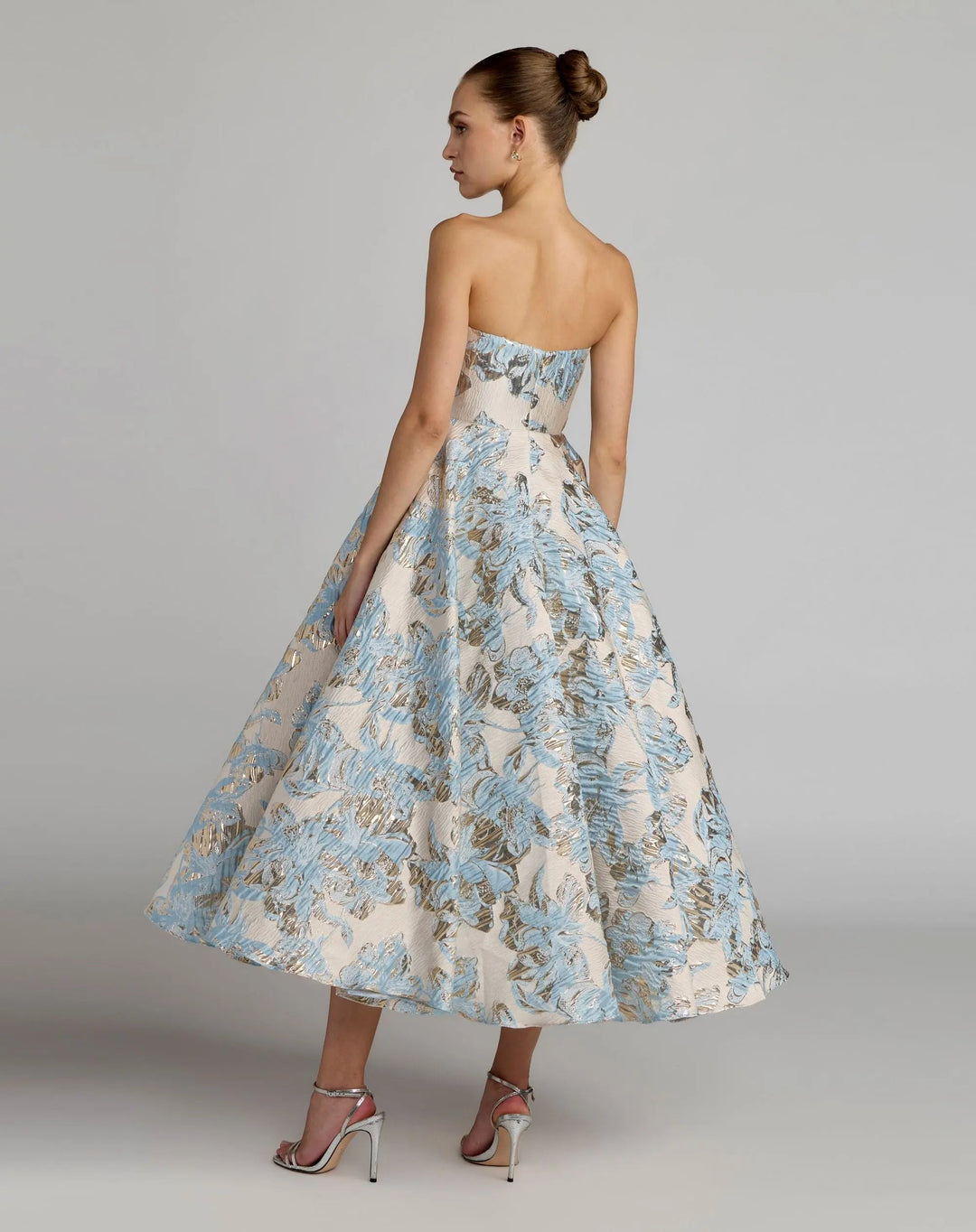 Blue Strapless Brocade A-Line Midi Dress With Pockets - FOSTANI.com