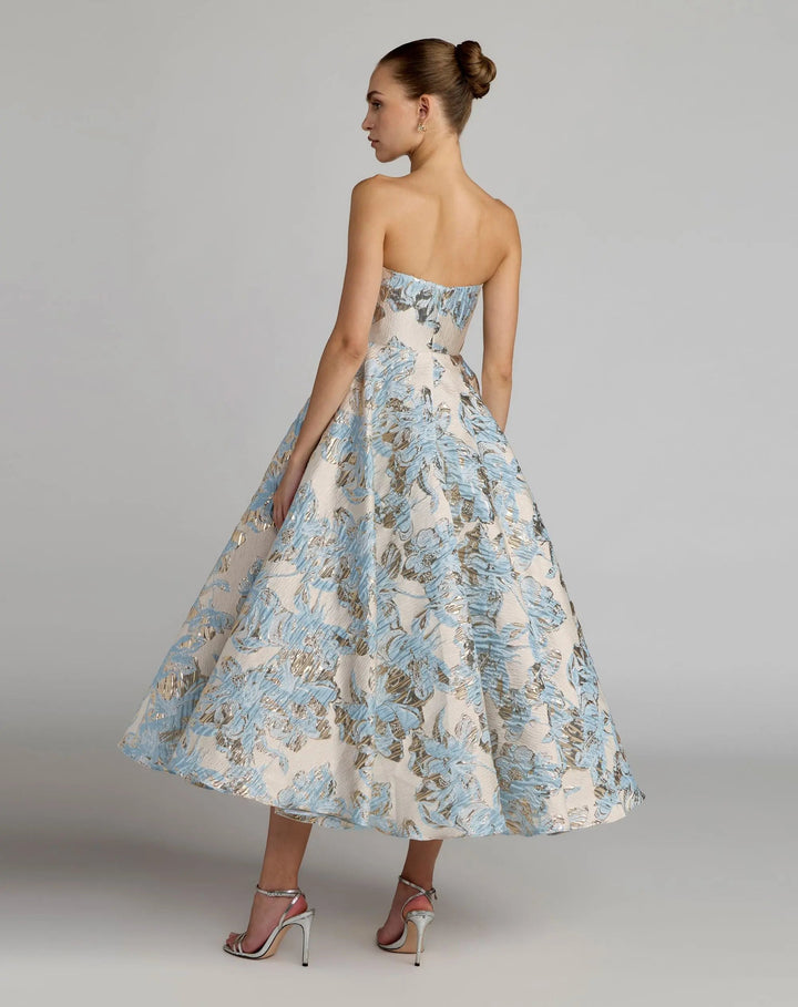 Blue Strapless Brocade A-Line Midi Dress With Pockets - FOSTANI.com