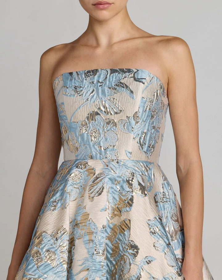 Blue Strapless Brocade A-Line Midi Dress With Pockets - FOSTANI.com