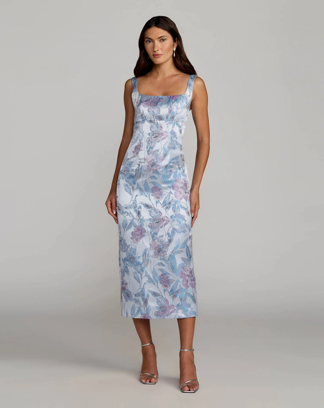 Mac Duggal 69152 Blue Floral Square Neck Midi Dress - FOSTANI.com