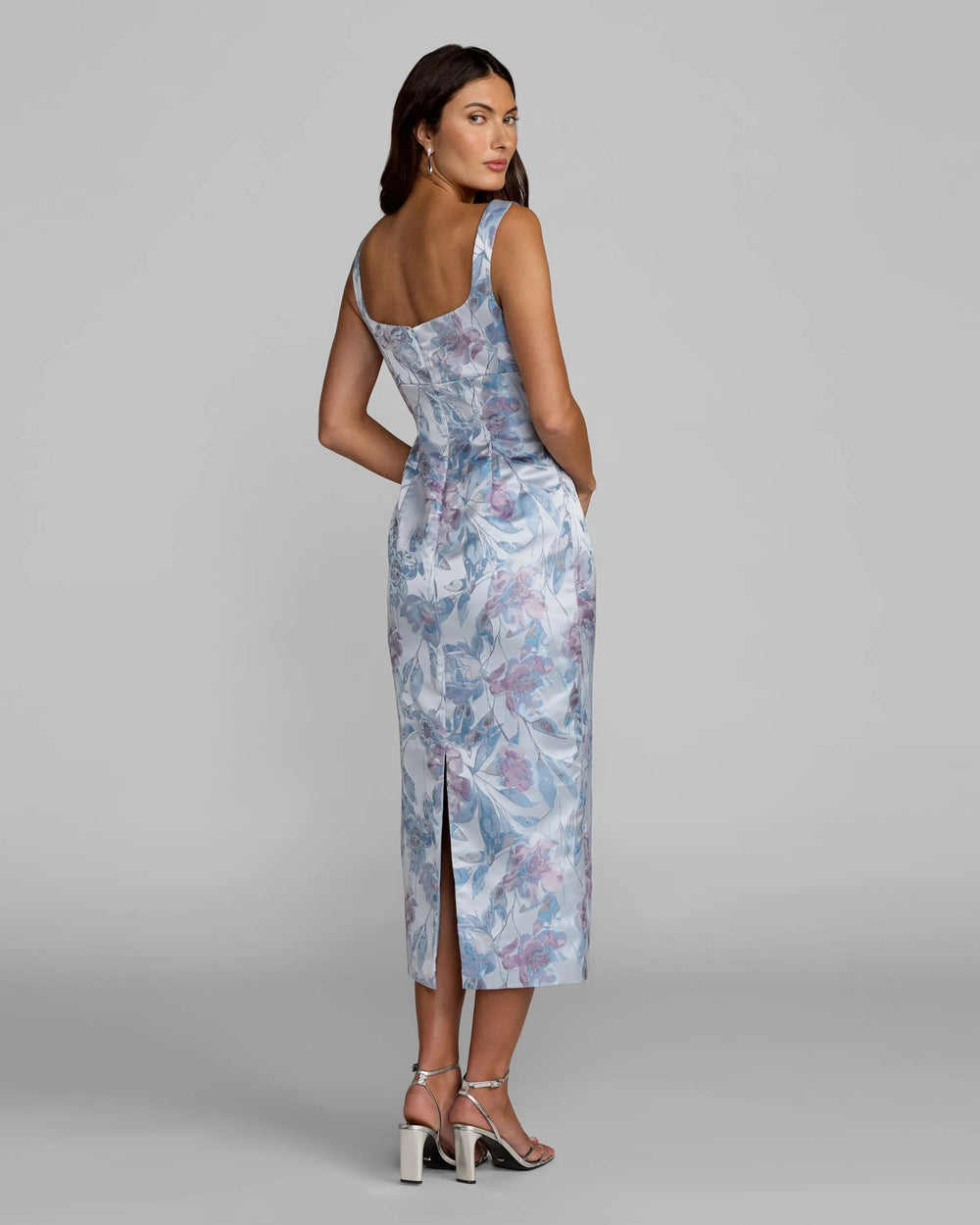 Mac Duggal 69152 Blue Floral Square Neck Midi Dress - FOSTANI.com