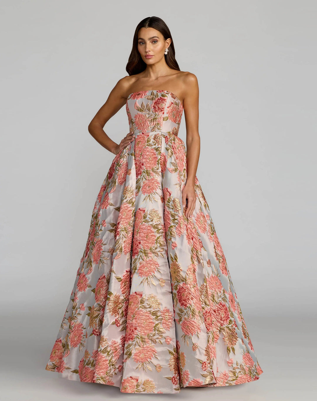 Pink Strapless Floral Brocade Ball Gown With Pockets - FOSTANI.com