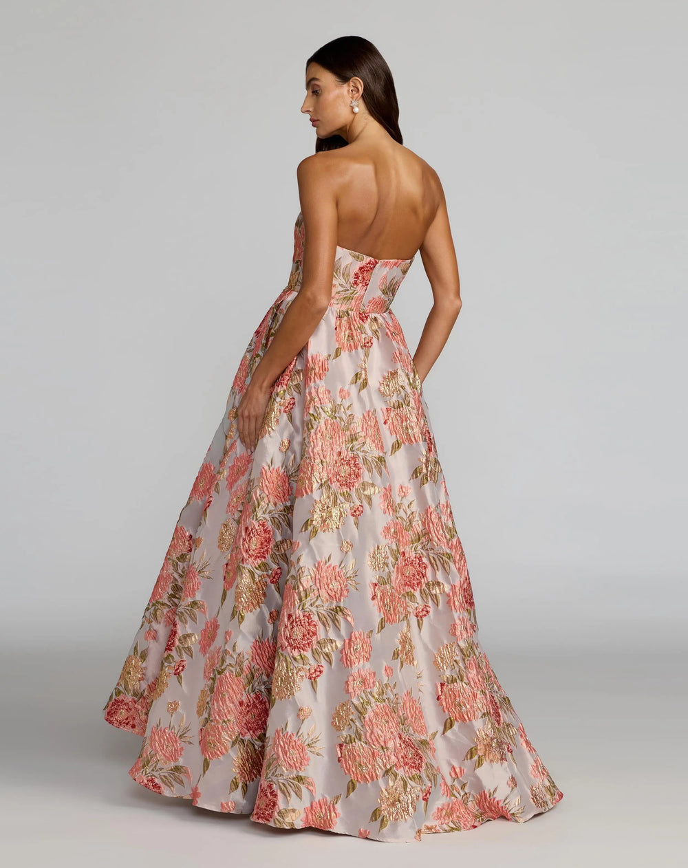 Pink Strapless Floral Brocade Ball Gown With Pockets - FOSTANI.com