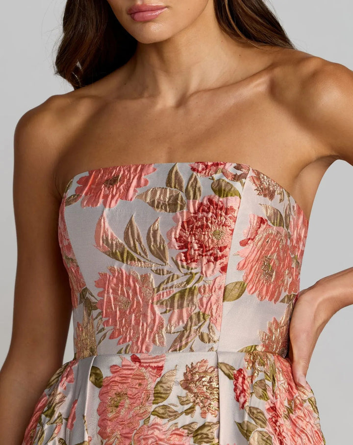 Pink Strapless Floral Brocade Ball Gown With Pockets - FOSTANI.com