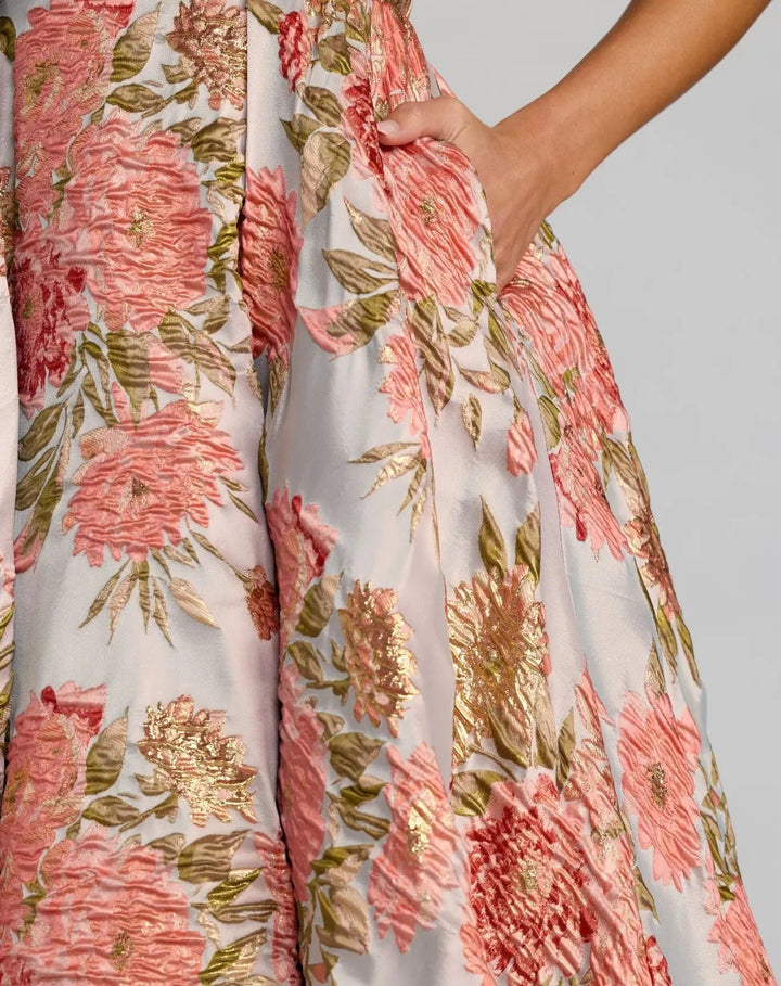 Pink Strapless Floral Brocade Ball Gown With Pockets - FOSTANI.com
