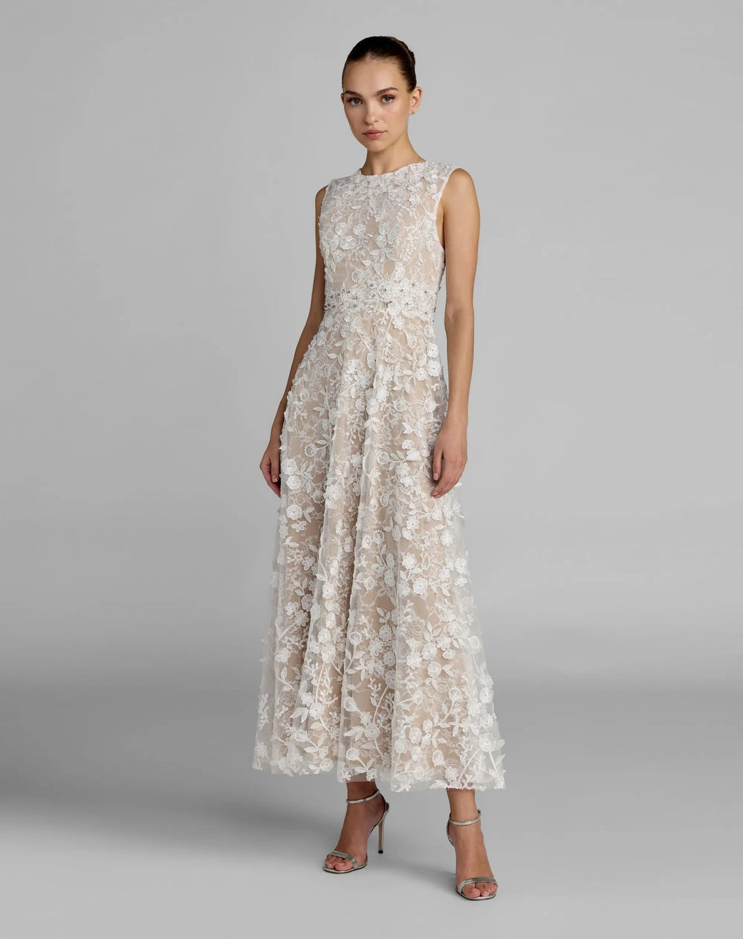 Ivory Floral Embroidered High Neck Midi Dress - FOSTANI.com