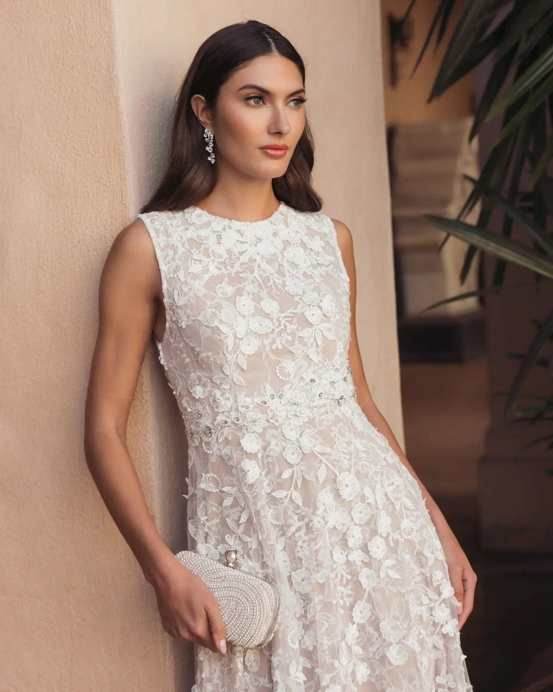 Ivory Floral Embroidered High Neck Midi Dress - FOSTANI.com