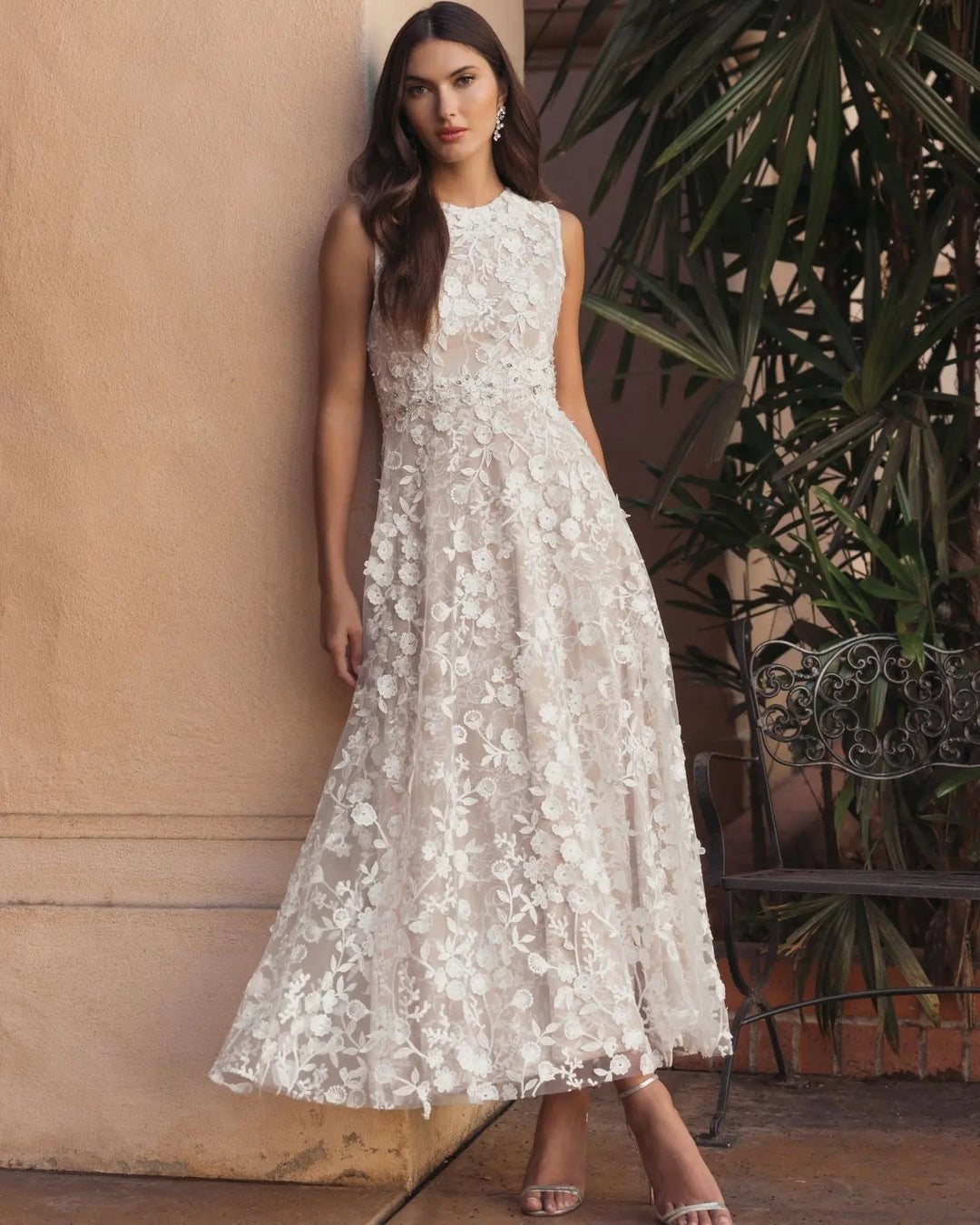 Ivory Floral Embroidered High Neck Midi Dress - FOSTANI.com