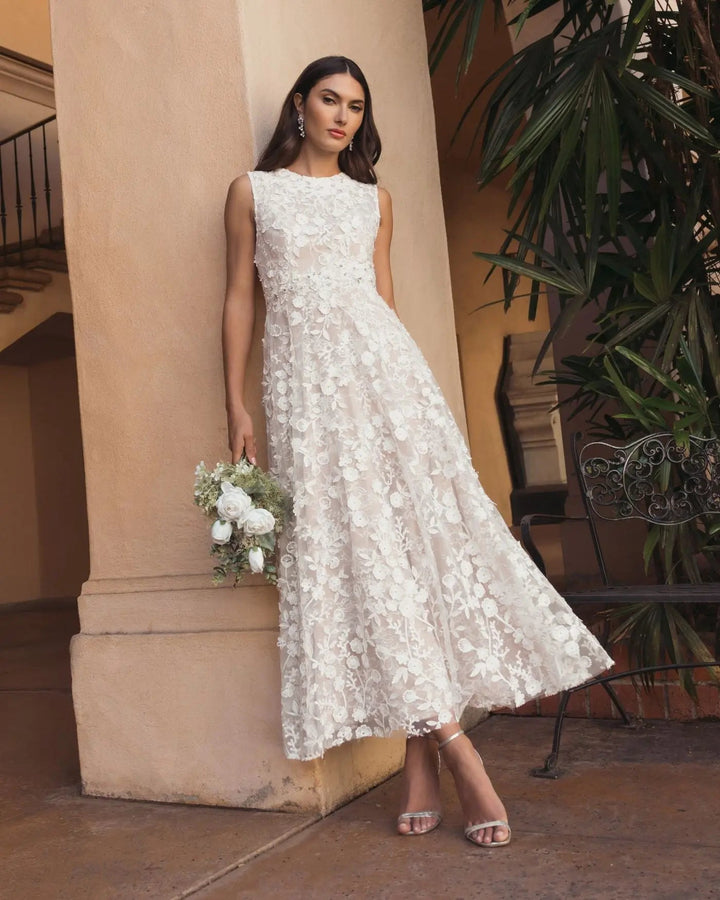 Ivory Floral Embroidered High Neck Midi Dress - FOSTANI.com