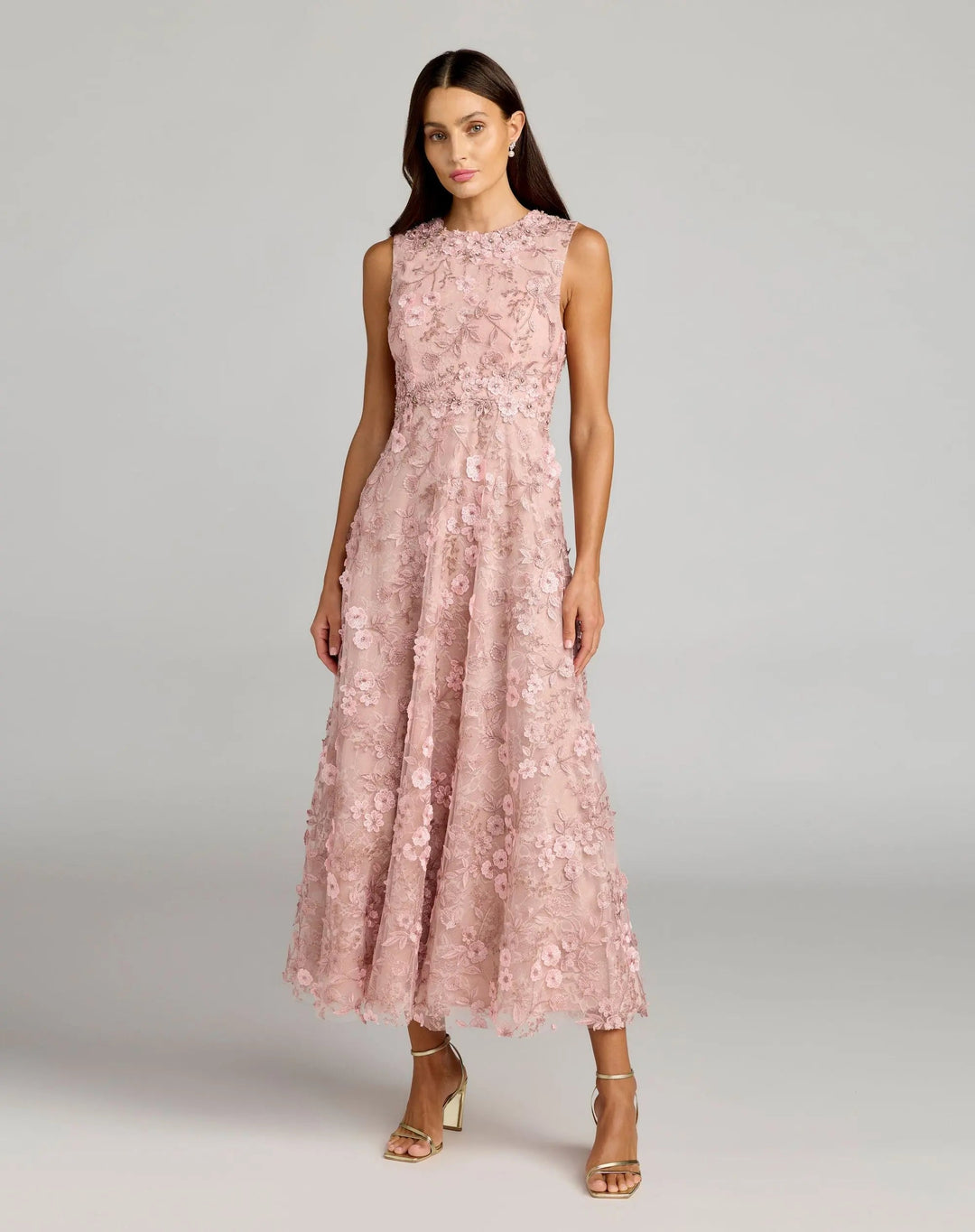 Mac Duggal 69192 Pink Floral Embroidered High Neck Midi Dress - FOSTANI.com
