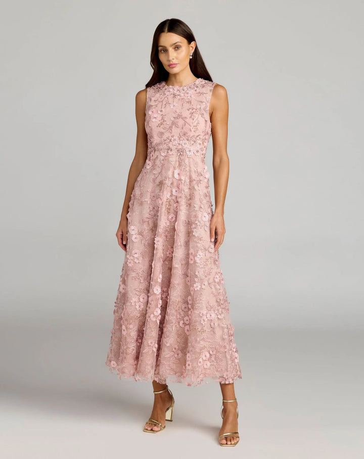 Mac Duggal 69192 Pink Floral Embroidered High Neck Midi Dress - FOSTANI.com