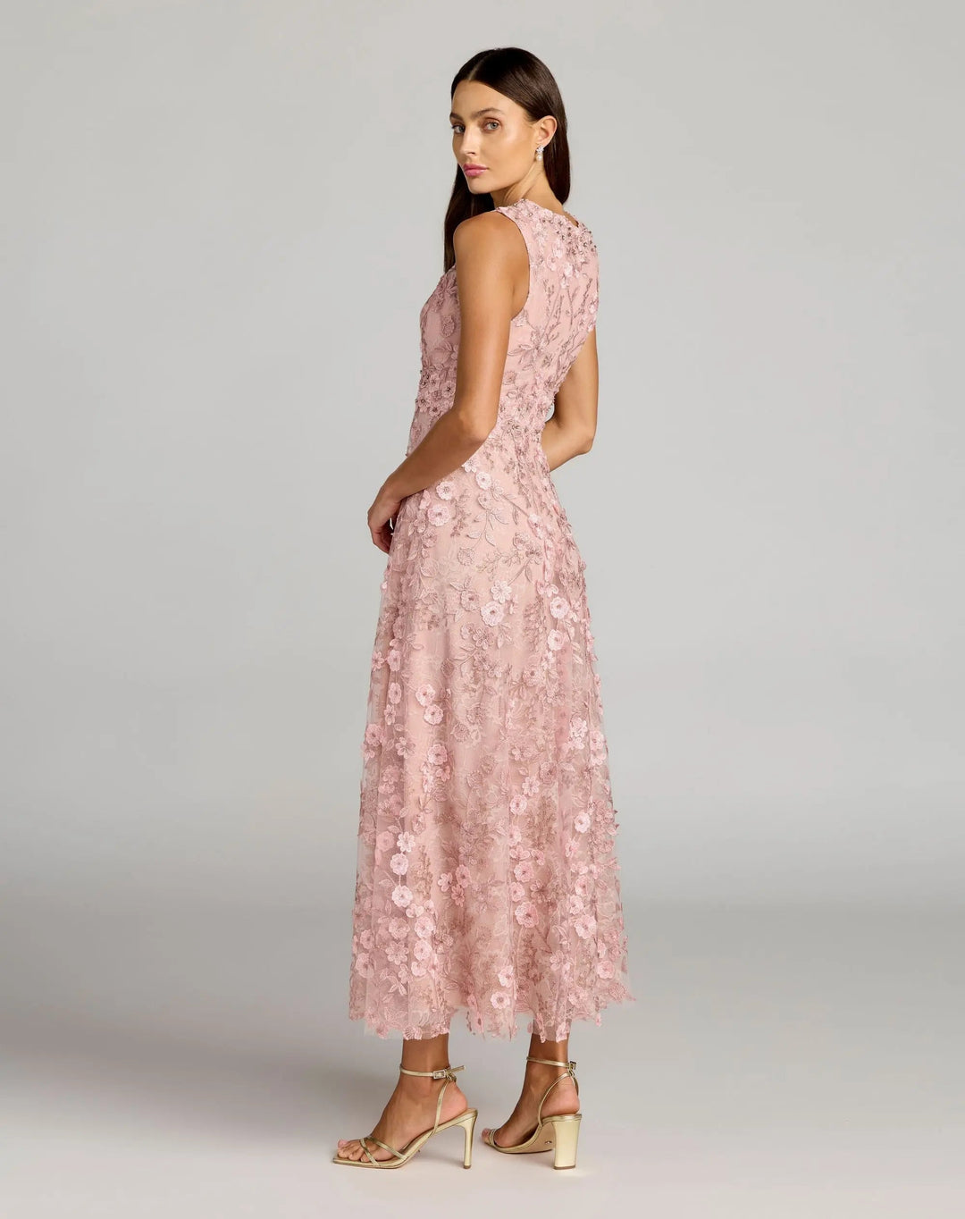 Mac Duggal 69192 Pink Floral Embroidered High Neck Midi Dress - FOSTANI.com