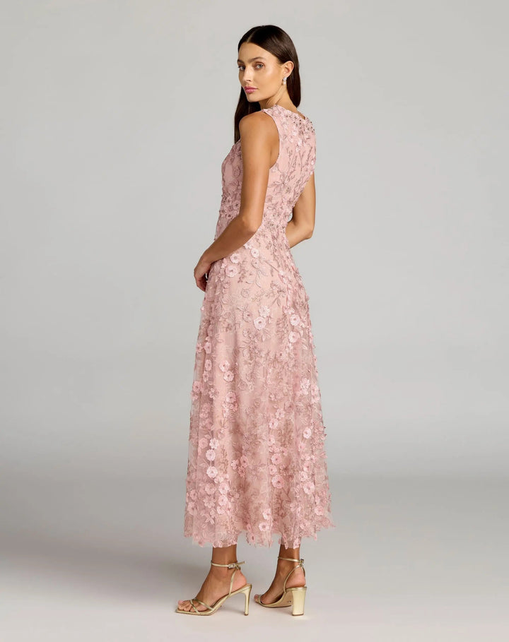 Mac Duggal 69192 Pink Floral Embroidered High Neck Midi Dress - FOSTANI.com
