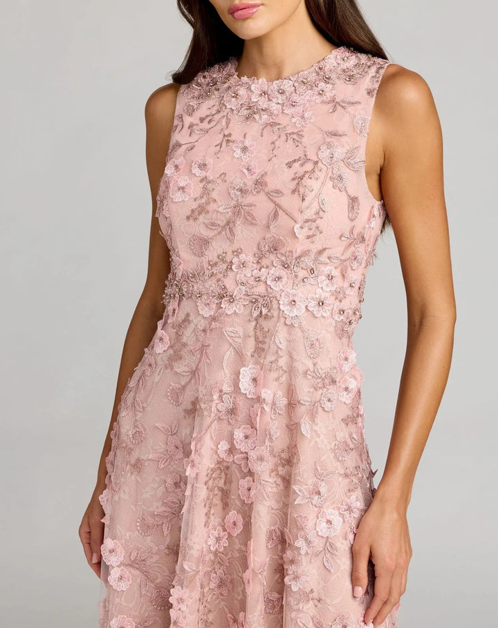 Mac Duggal 69192 Pink Floral Embroidered High Neck Midi Dress - FOSTANI.com