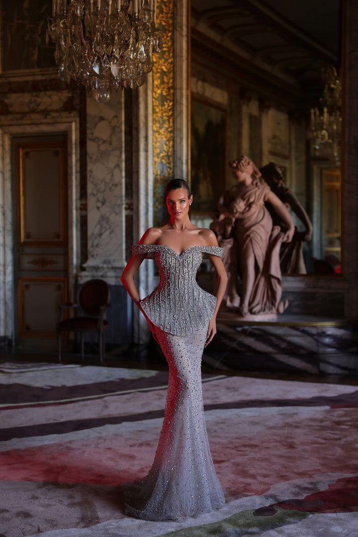 Chic & Holland HF110672 Off-Shoulder Beaded Couture Dress