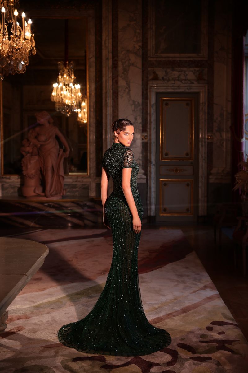 Chic & Holland HF110633 Mock Neckline Short Sleeves Beaded Sheath Couture Dress