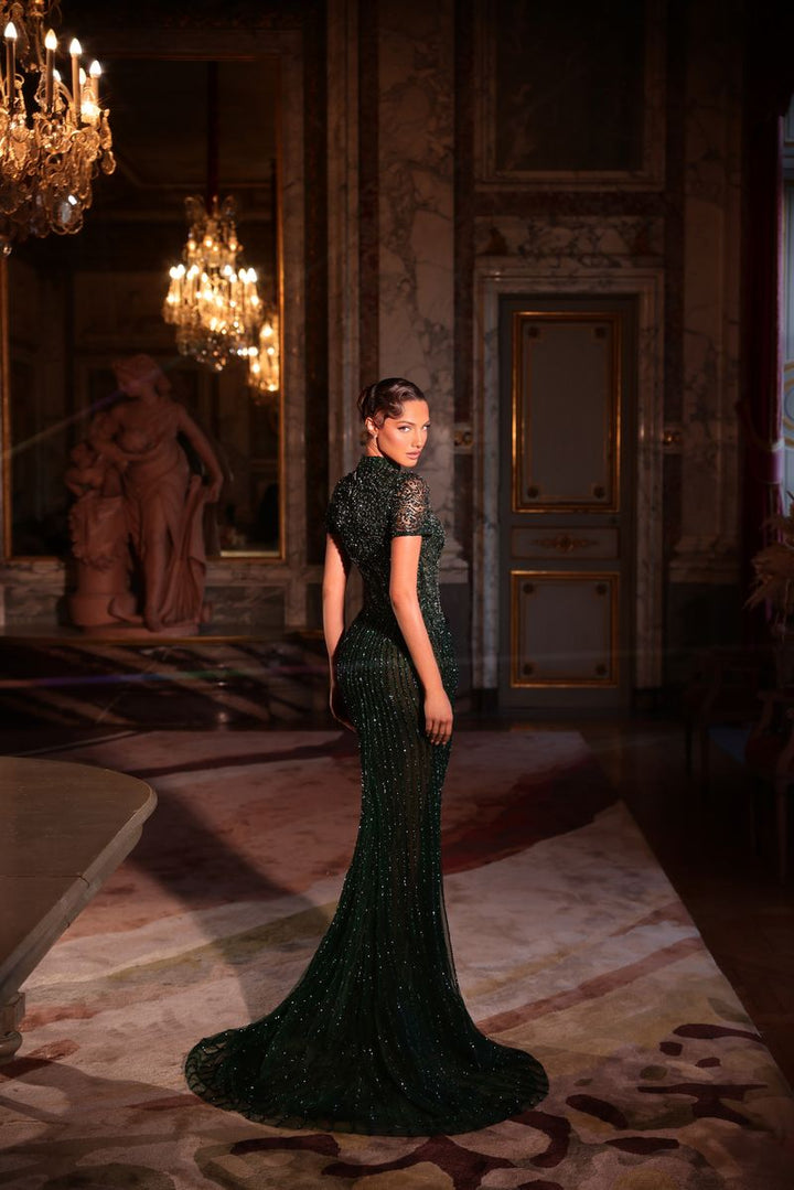 Chic & Holland HF110633 Mock Neckline Short Sleeves Beaded Sheath Couture Dress