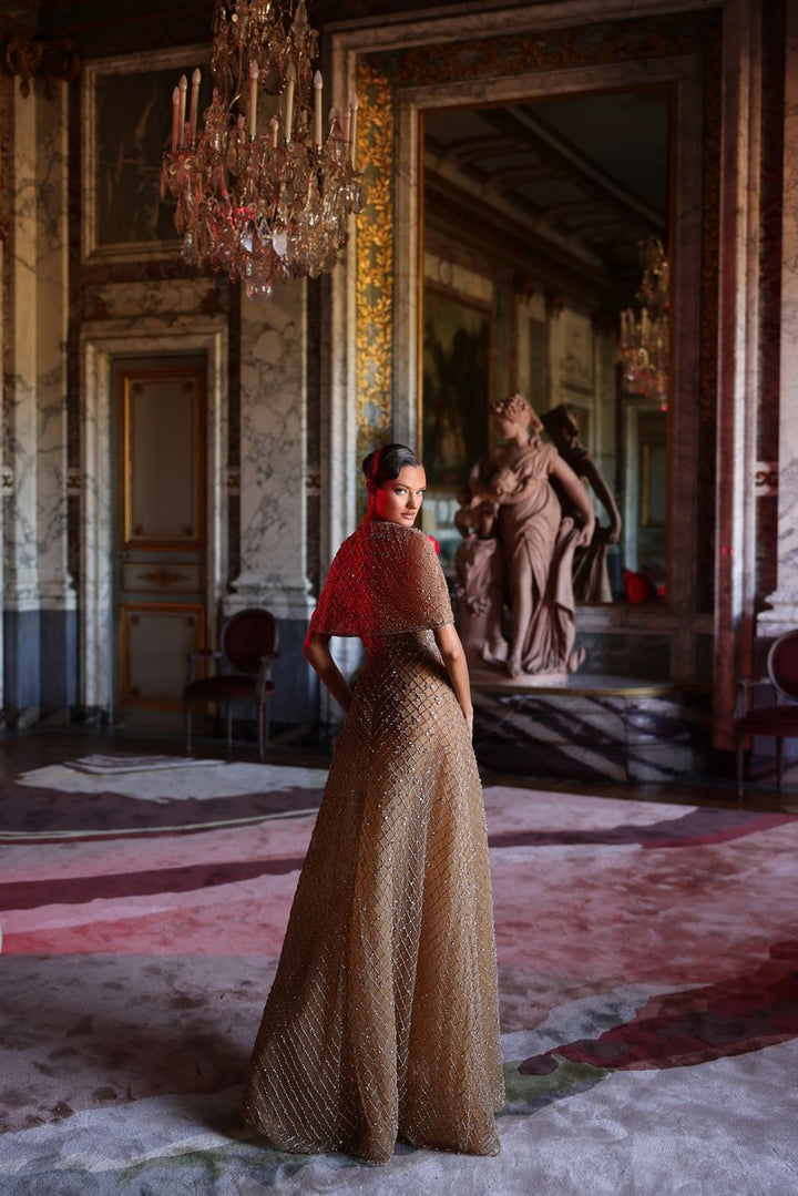 Chic & Holland HF110604 Strapless Straight-across Neckline Beaded High Waist Cape Couture Dress