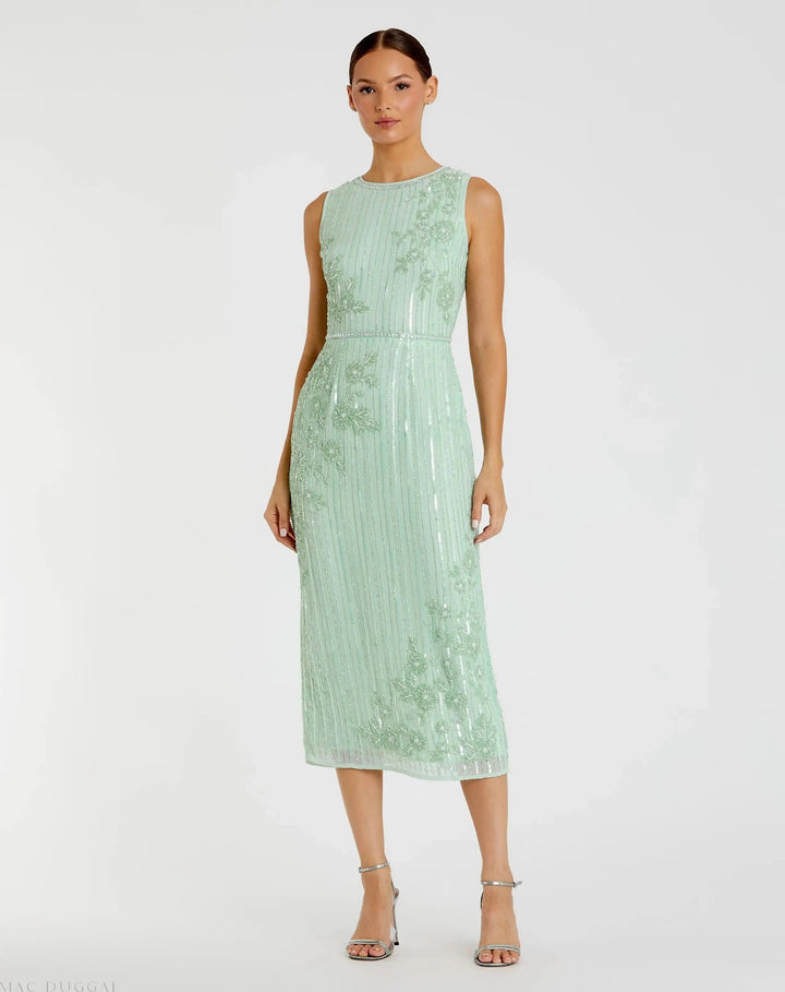 Mac Duggal 70260 Green Striped Floral Embellished Sleeveless Midi Dress