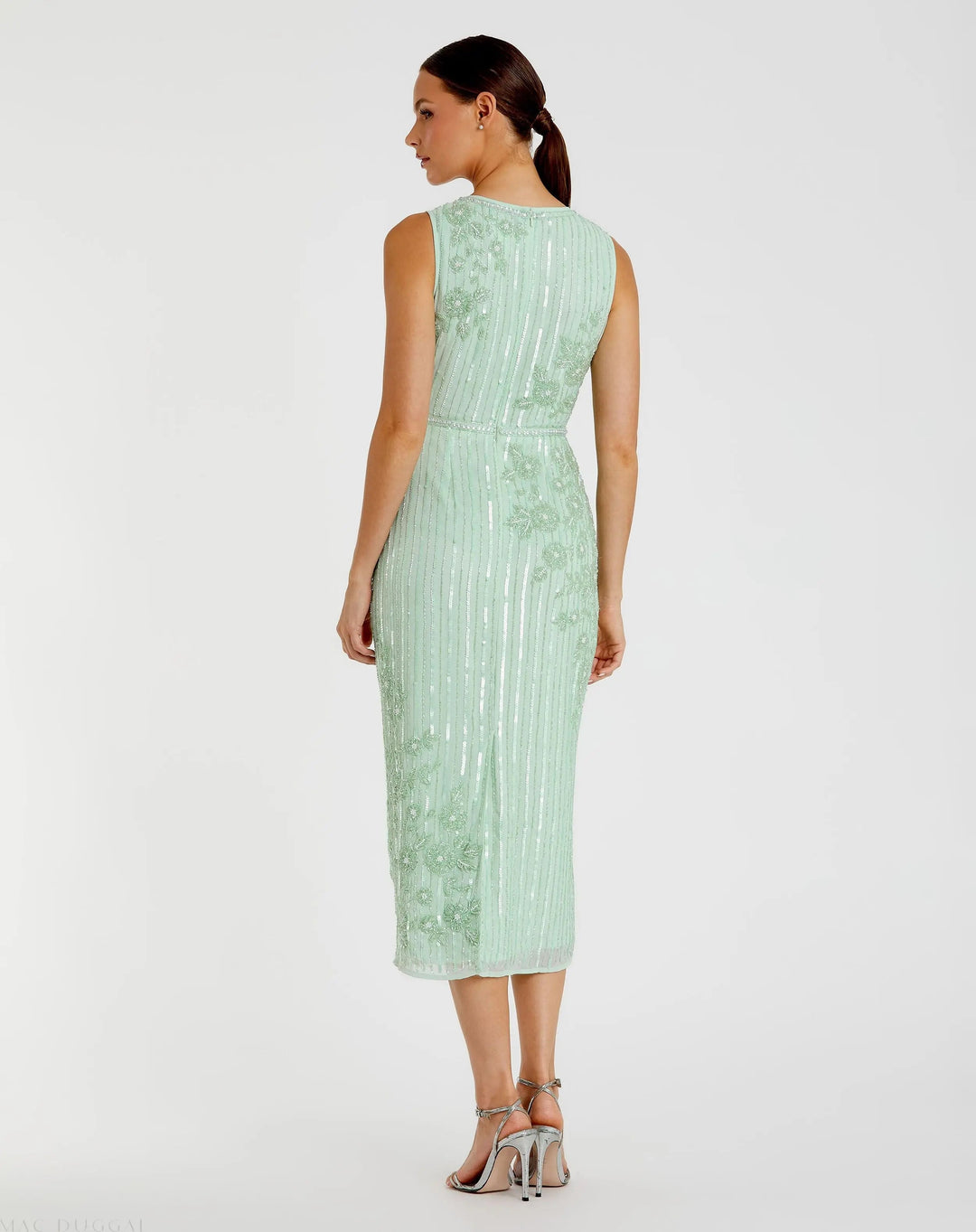 Mac Duggal 70260 Green Striped Floral Embellished Sleeveless Midi Dress