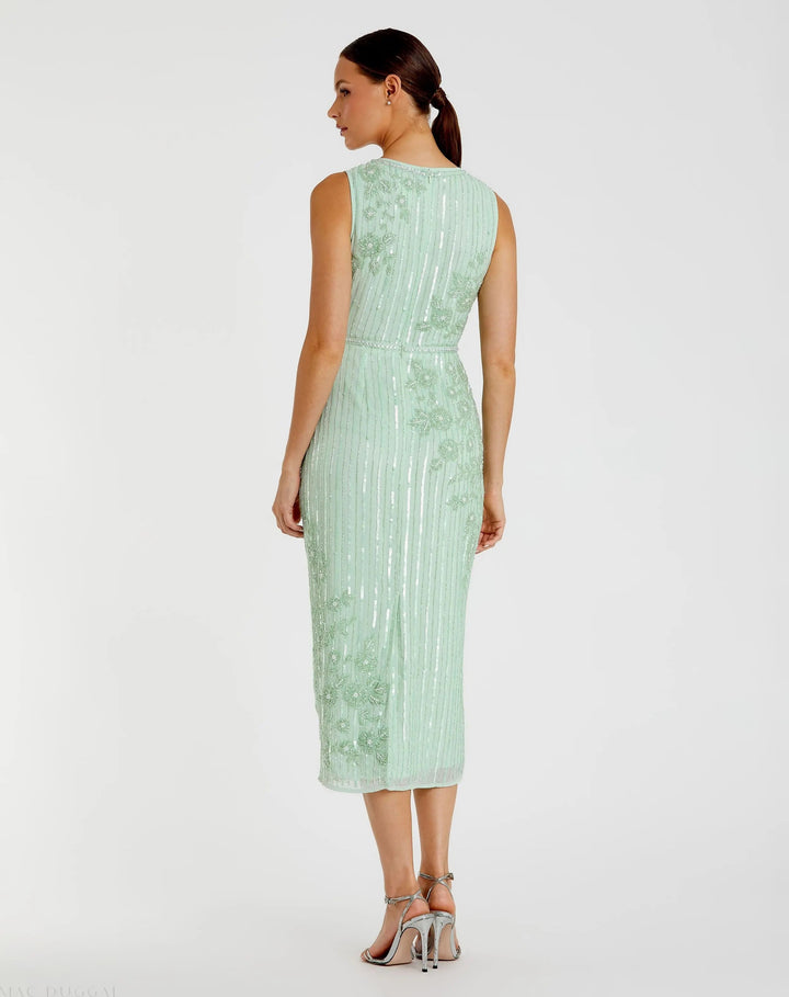 Mac Duggal 70260 Green Striped Floral Embellished Sleeveless Midi Dress