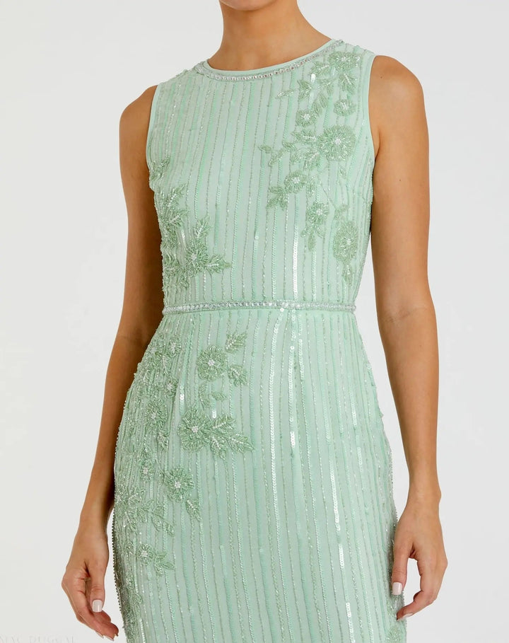 Mac Duggal 70260 Green Striped Floral Embellished Sleeveless Midi Dress