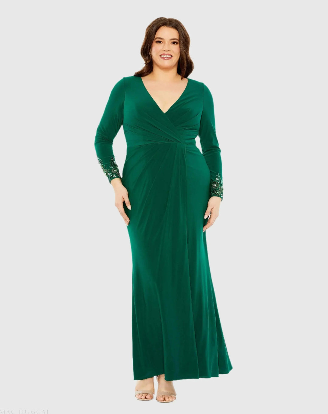 Mac Duggal 77024 Green Long Crystal Detail Sleeve V Neck Gown
