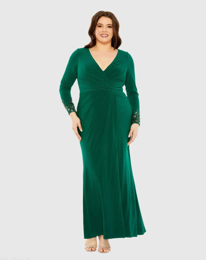 Mac Duggal 77024 Green Long Crystal Detail Sleeve V Neck Gown