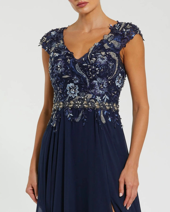 Mac Duggal 79365 Navy Embellished Chiffon Cap Sleeve A-Line Gown