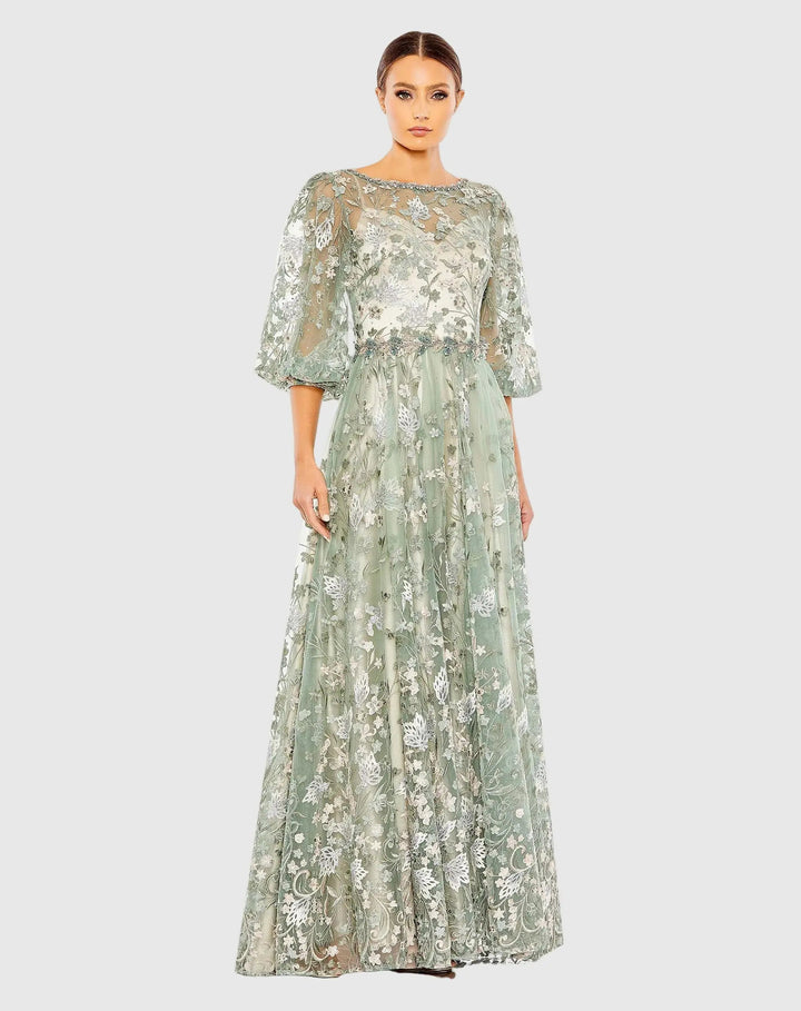 Mac Duggal 79387 Green Embroidered A-Line Gown With 3/4 Puff Sleeves - FOSTANI.com