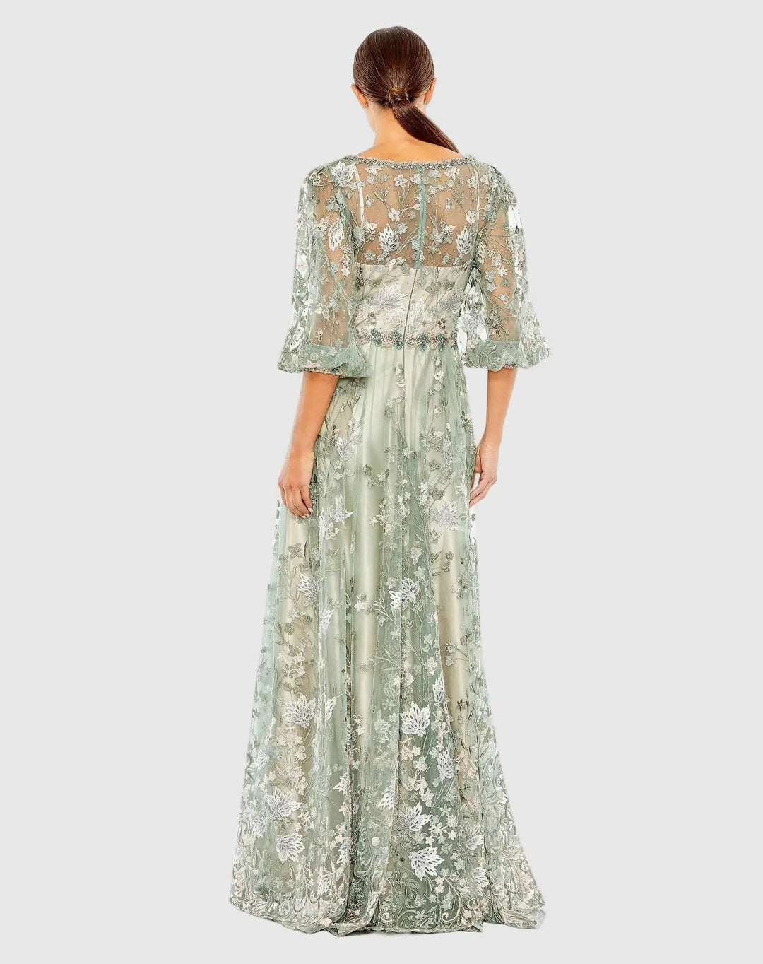 Mac Duggal 79387 Green Embroidered A-Line Gown With 3/4 Puff Sleeves - FOSTANI.com