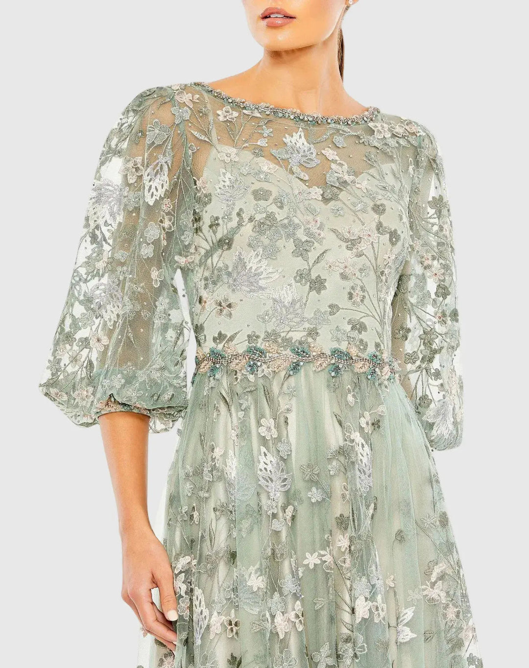 Mac Duggal 79387 Green Embroidered A-Line Gown With 3/4 Puff Sleeves - FOSTANI.com
