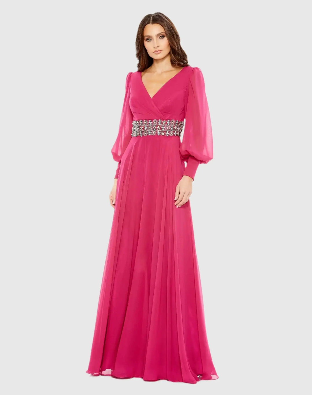 Mac Duggal 79390 Pink Bishop Sleeve Wrap Over Belt Detail Flowy Gown