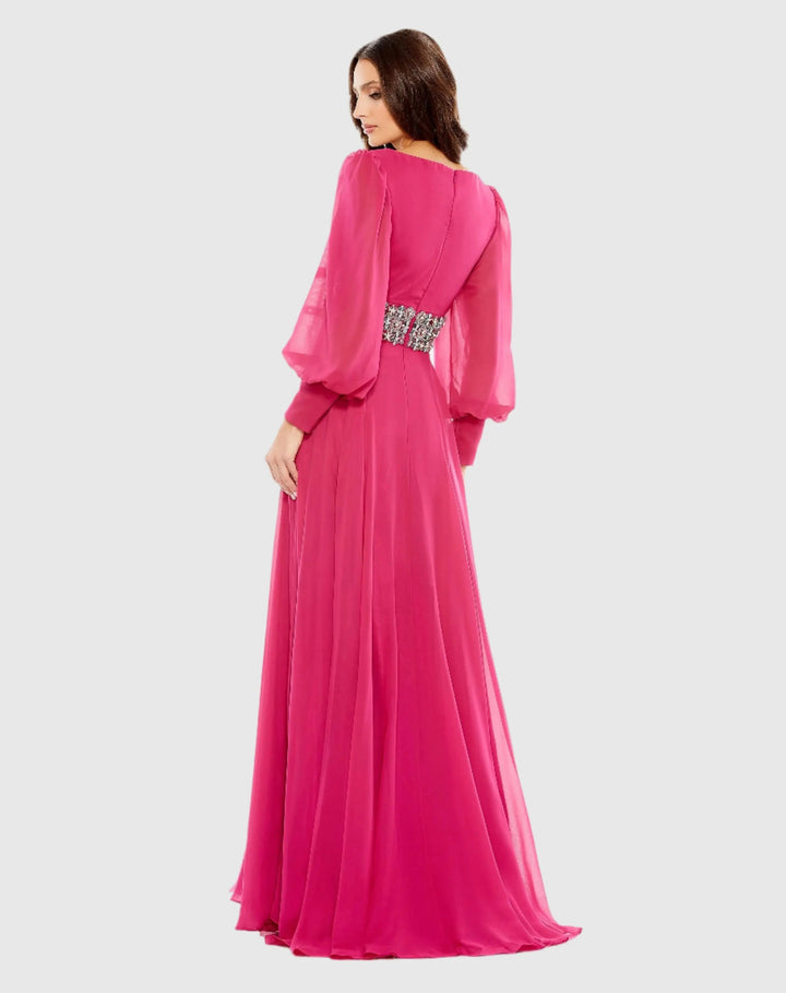 Mac Duggal 79390 Pink Bishop Sleeve Wrap Over Belt Detail Flowy Gown
