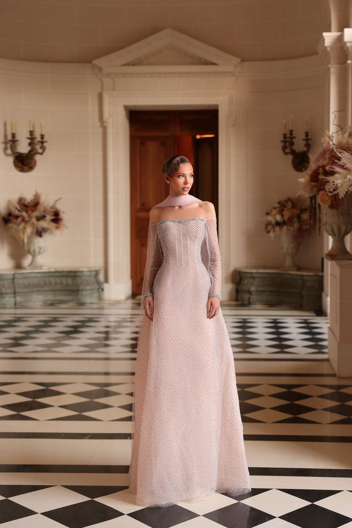 Chic & Holland HF110613 Off Shoulder Long Sleeves Beaded Corset Bodice A Line Matching Scarf Couture Dress