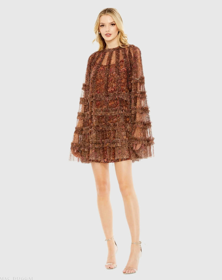 Mac Duggal 8007A Brown Floral Print Long Flare Sleeve Mesh A-Line Dress
